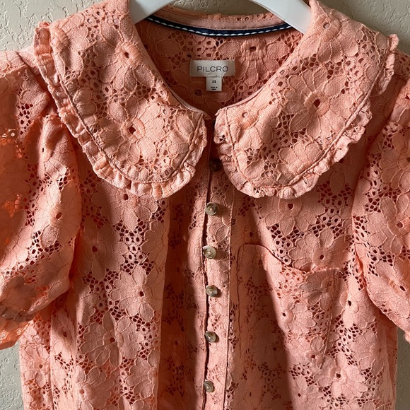 Pilcro Keira Lace Blouse by Anthropologie Womens Coral Collar Puff Sleeve Top XS - Picture 10 of 17